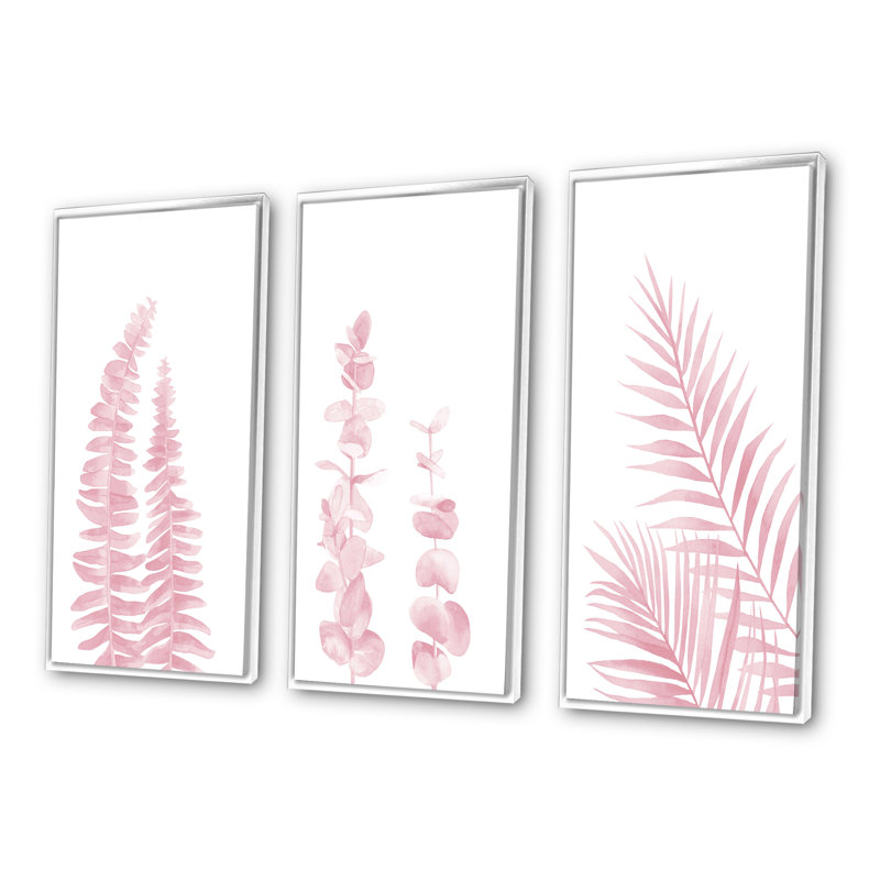 «Blush Pinkeucalyptus and Palm Branches», peinture sur toile flottante 3 pièces, L 48 po x H 32 po, Cadre blanc