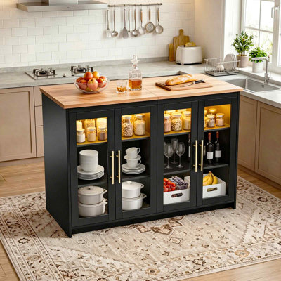  130cm W Kitchen Island With 4 Acrylic Doors & 3-Color LED Strip