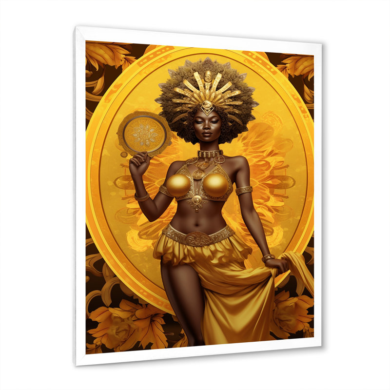 Orisha Oshun avec miroir déesse africaine - art mural femme afro-américaine, H 32 po x l 24 po x P 1 po, Cadre simple blanc