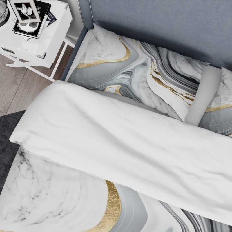 Ensemble de housse de couette Abstract Geode Marble Waves Grey II Bed, Housse de couette pour grand lit et 2 taies décor