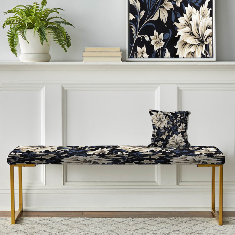 Dark Blue Beige Flower Damask Breeze - Damask Upholstered Gold Bench