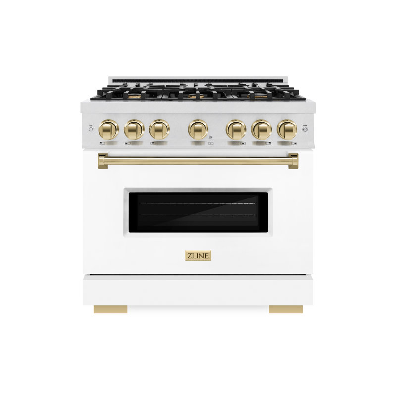 ZLINE Autograph 36" Classic DuraSnow Gas Range w/ Black Door & Bronze Accents, Gold/White