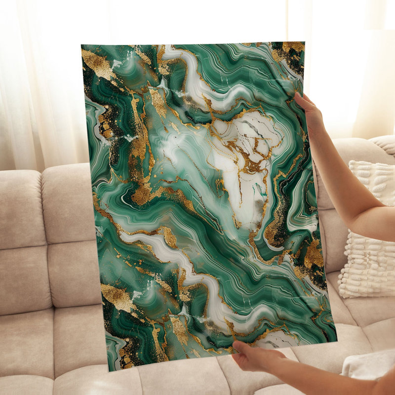 Abstrait vert émeraude et cristaux de marbre géode dorée I, reproduction d'art moderne sans cadre, H 30 po x l 20 po