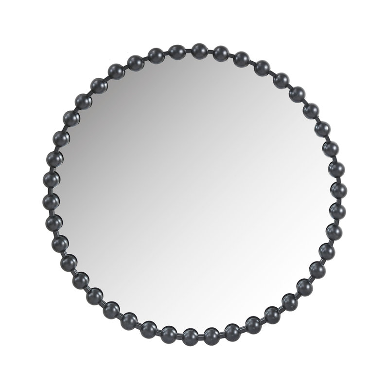 Élégant miroir mural rond perlé de P 36 po - Surface en miroir à finition ornée de perles en fer noir mat facile à installer dans un cadre intérieur avec revêtement en verre