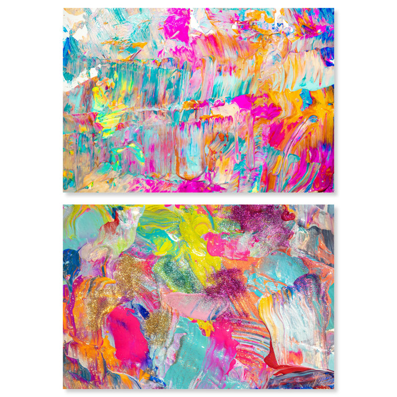 «Colorful Beach Set Modern Pink», ensemble de 2 peintures sur toile tendue, H 30 po x l 45 po