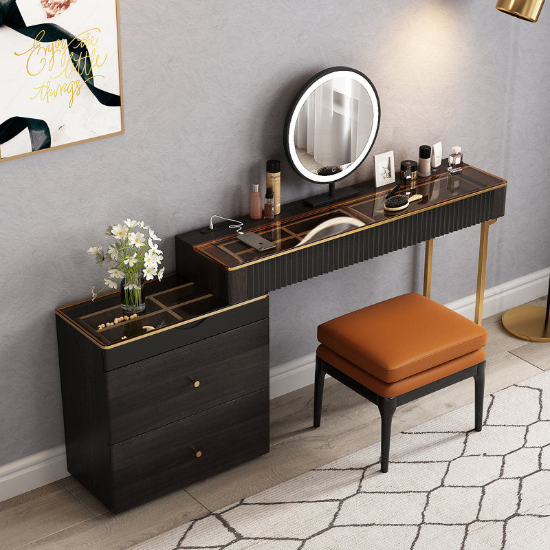 Maurece Solid and Manufactured Wood Glass Top Makeup Vanity with Power Outlet, Black/Gold