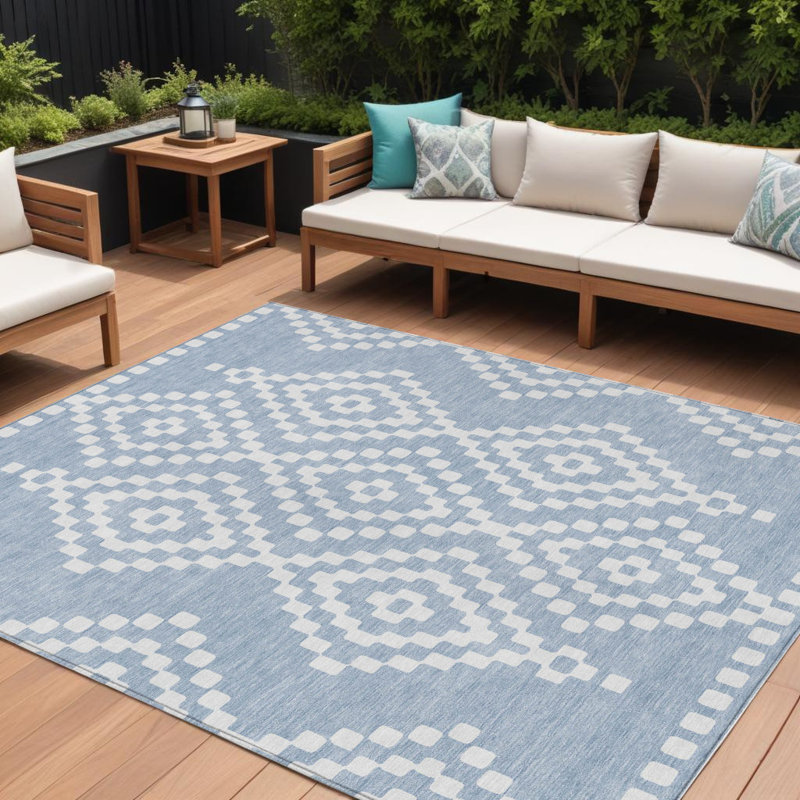 Tapis extérieur lavable à motif géométrique bleu et ivoire 10 pi x 14 pi