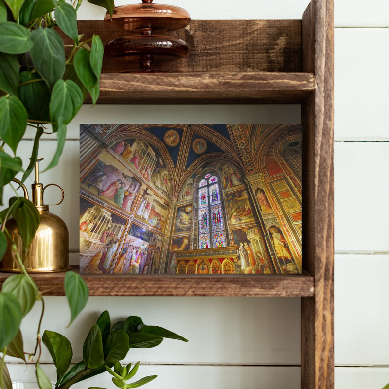 Florence Tuscany Italy. Santa Croce Basilica. Frescoes And Stained Glass Windows In The Baroncelli Chapel By Taddeo Gaddi C1300-1366. by Ken Welsh - Wrapped Canvas Print
