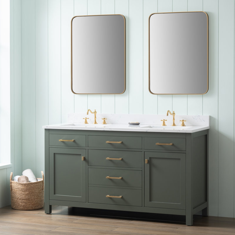 Meuble-lavabo double Ajhane, Vert rétro / or brossé
