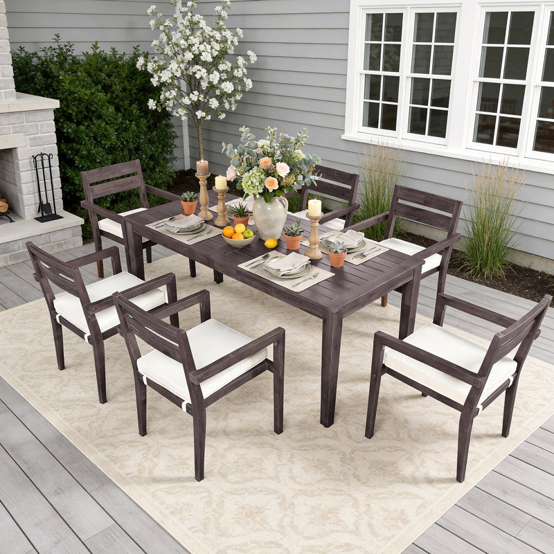 7 - Person Rectangular Acacia Wood Outdoor Dining Set with Cushions, Brown
