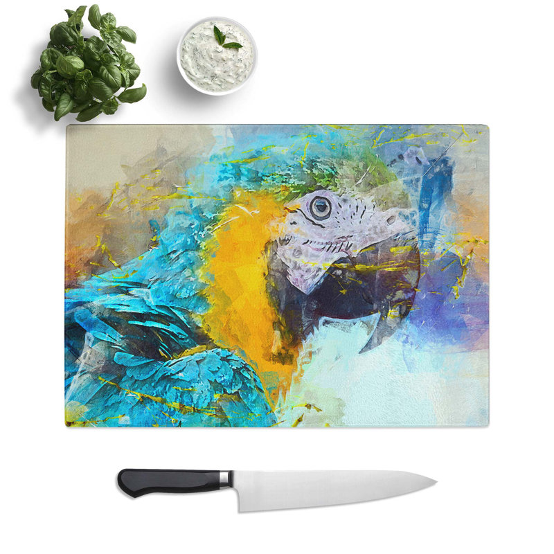 Glass Macaw Parrot in Abstract Chopping Board, 39 cm W x 28.5 cm L