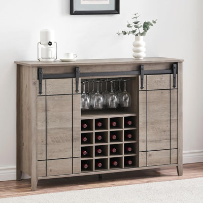 Farmhouse Wood Wine Cabinet with Sliding Barn Door, 16-Bottle Wine Rack Buffet Sideboard for Dining Room or Coffee Bar by Gracie Oaks