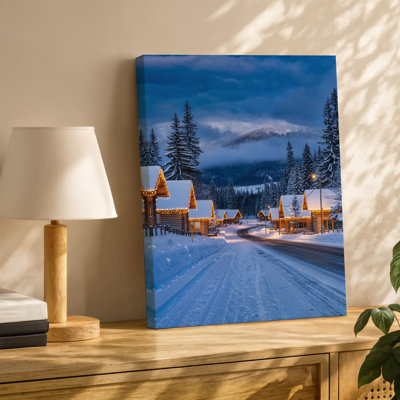 Canvas A Serene Winter Landscape Featuring A Snow Covered Road Winding Wall Art Through A Tranquil Forest Flanked By Tall Evergreen Canvas Wall Art