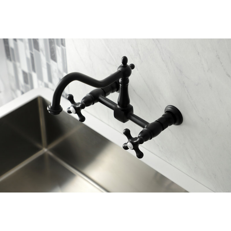Kingston Brass Heritage Double-Handle 2-Hole Wall-Mount Bridge Kitchen Faucet, Matte Black