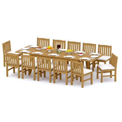 Ensemble de salle à manger de 113 pièces en bois de teck de qualité A: table rectangulaire double extension Atnas de 122 po et 12 chaises sans accoudoirs Devon # 11DV2800