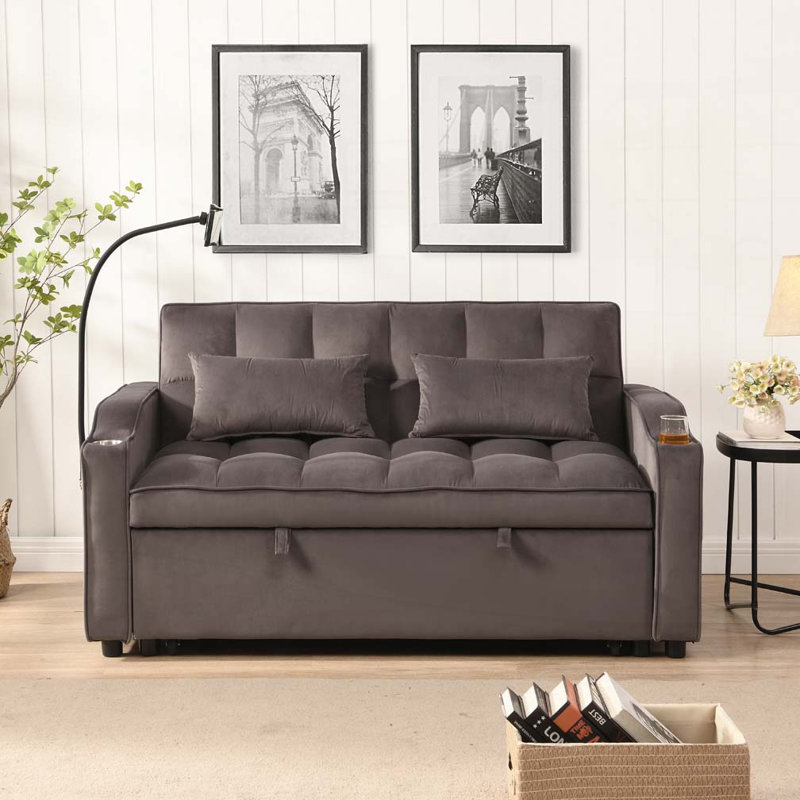 Canapé-lit en velours avec futon et causeuse, Brun
