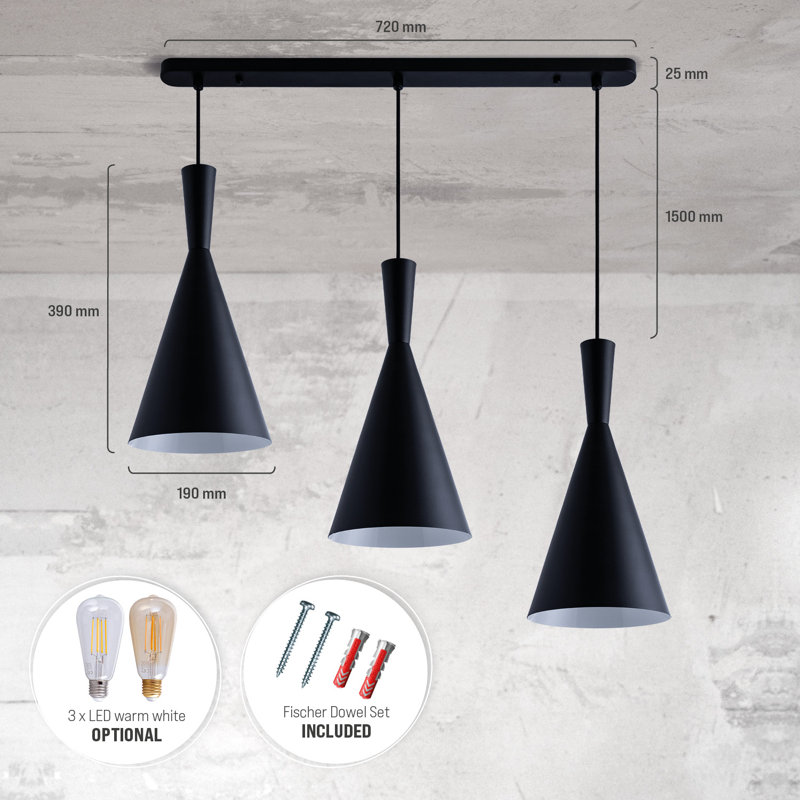 Cone pendant lamp 3-light Lido, Black