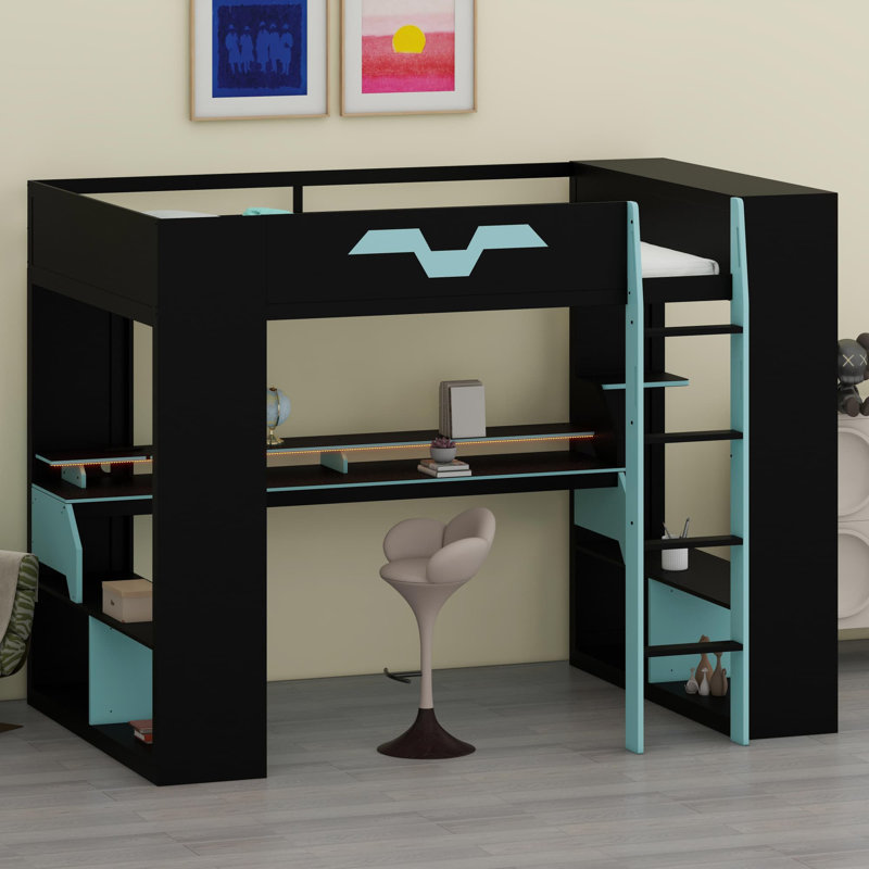 Modern Loft Bed with Integrated Power Hub, Multi-Port Charging, and Customizable Ambient Lighting, Blue