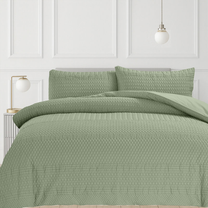 3D Embossed Allover Pattern Paloma Duvet Set, 3, King Duvet Cover Set, Green