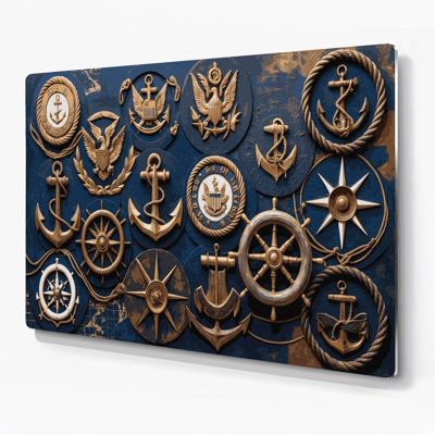 Nautique, insignes navals, art mural en métal gris