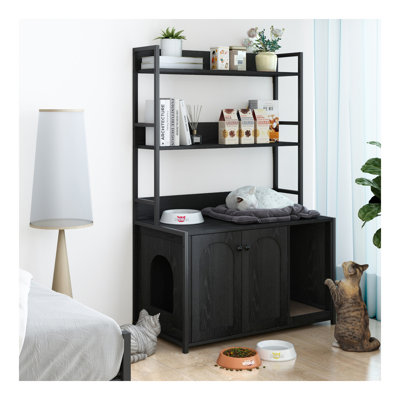 Grand bac à litière pour chat avec rangement, étagère pour chat caché, maison pour chat en bois avec bloc-notes, armoire pour chat robuste avec 2 portes