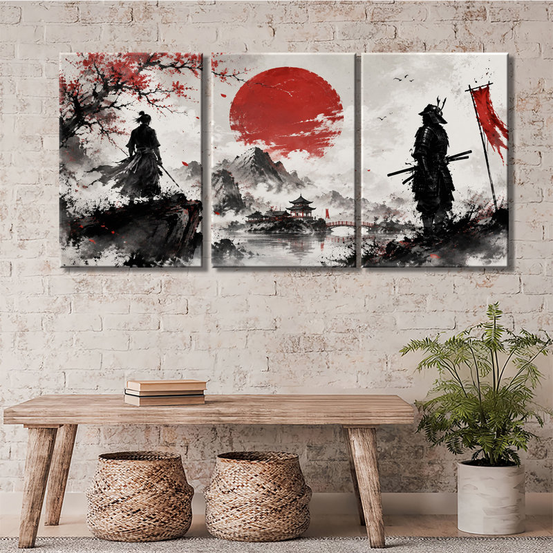 Guerrier traditionnel japonais, art mural 3 panneaux, Samurai Ronin, silhouette, cerisier rouge, soleil géant, montagne