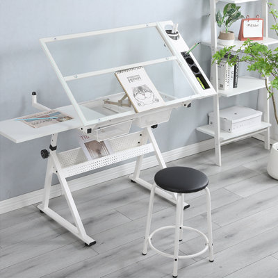 Matxalen Adjustable Glass Top Metal Base Drafting Table
