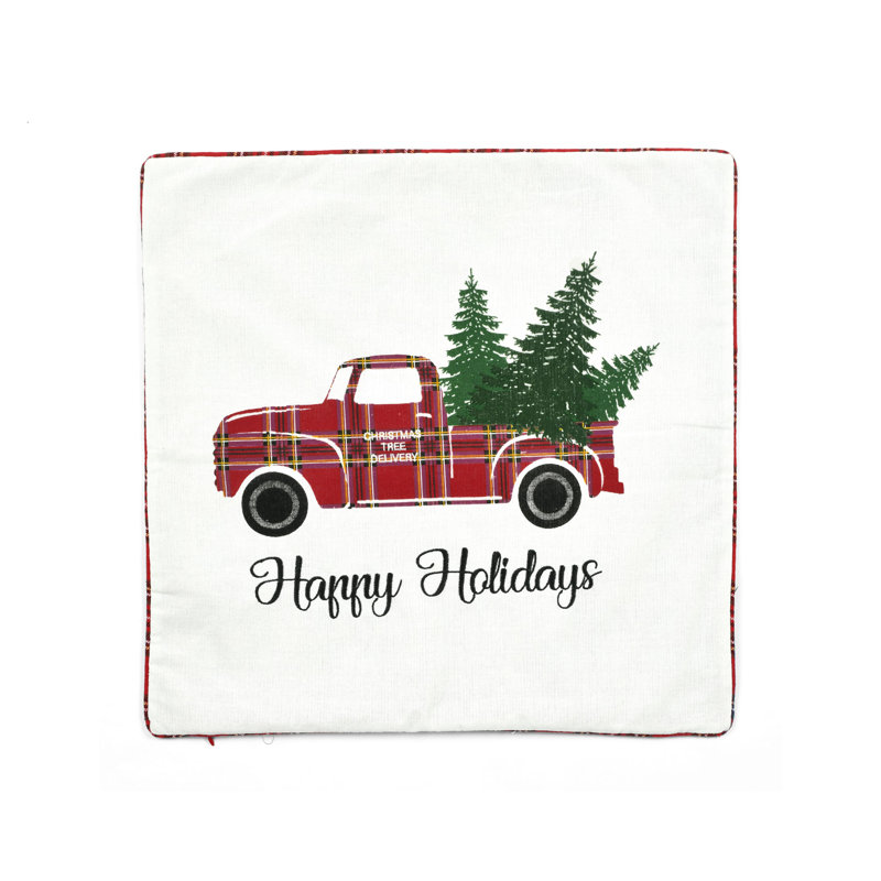 Red Holiday Truck Plaid Embroidered Cotton Blend Pillow Cover 20" x 20"