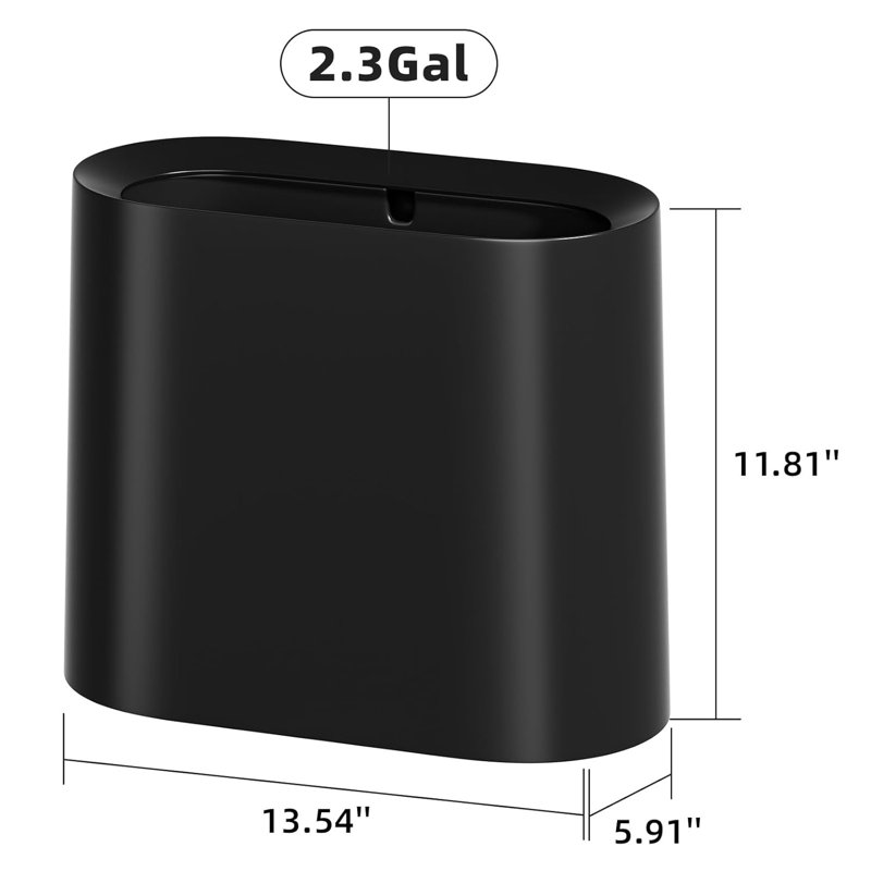 Poubelle rectangulaire de 2,3 gallons, poubelle en plastique noire pour salle de bain