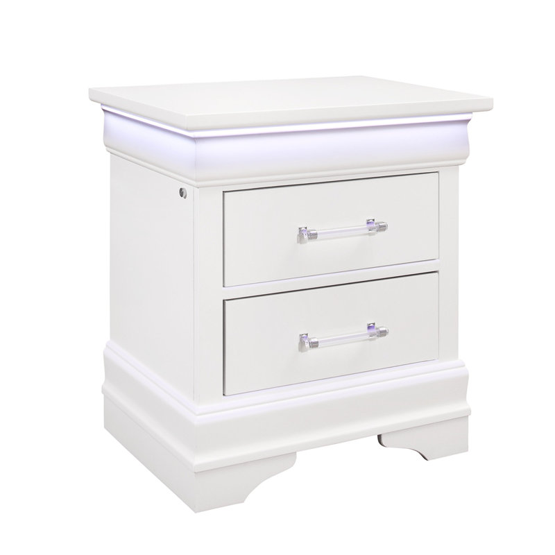 Table de chevet bleue avec DEL - compartiments spacieux, tiroirs transitionnels en bois massif et, White