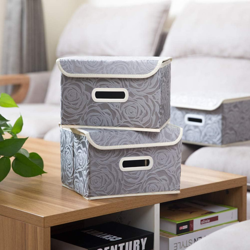 Stackable Storage Boxes With Lids [5-Pack] Fabric Decorative Storage Bins Cubes Organizer Containers Baskets With Cover Handles Divider For Bedroom Closet Living Room