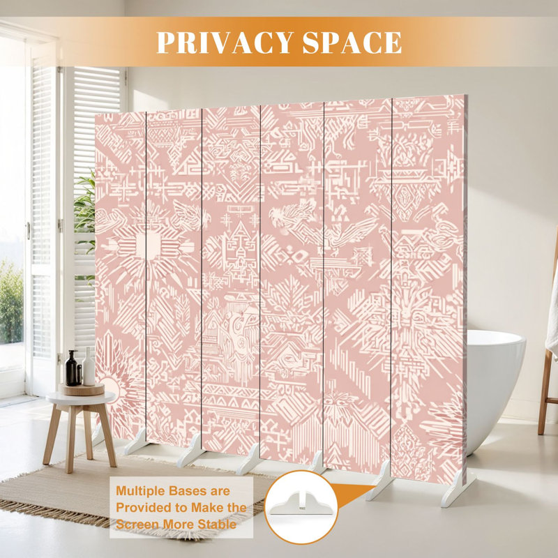 Paravent pliant à 6 panneaux, séparation de pièce, motif floral rose royal et blanc, beige clair, en toile, autoportant, cloison de protection pour plus d'intimité