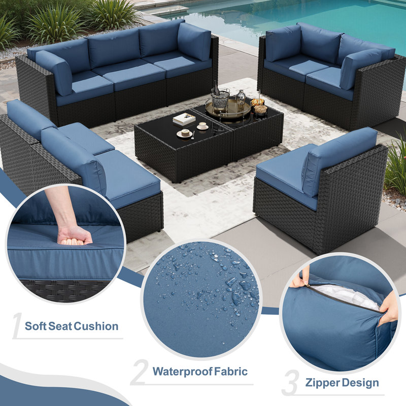 8-Person Outdoor Sectional Seating Group with Cushions, Navy, Black