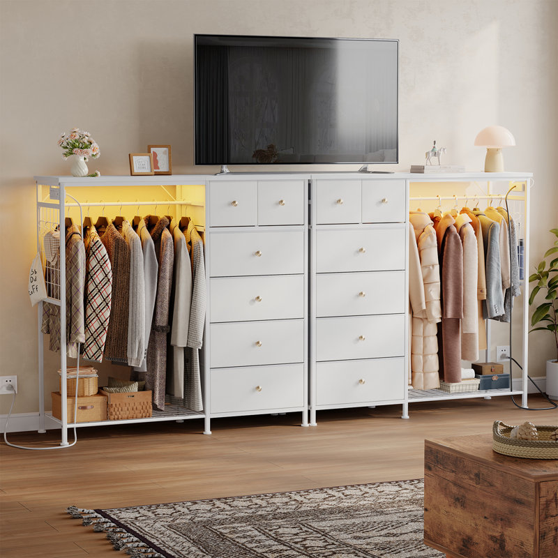  6 Drawer Dresser with Hanging Rack and Shoe Rack, Fabric Storage Dresser with Charging Station and LED Lights for Bedroom, Closet, Entryway