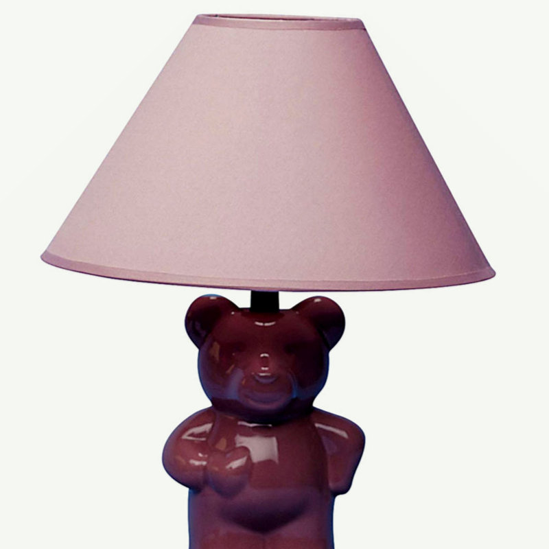 13" Tall Ceramic Table Lamp, Teddy Bear Design With Pink Finish, Linen Shade