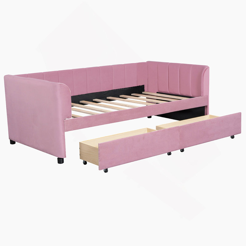 Lit de jour rembourré avec dossier ergonomique et 2 tiroirs, Rose