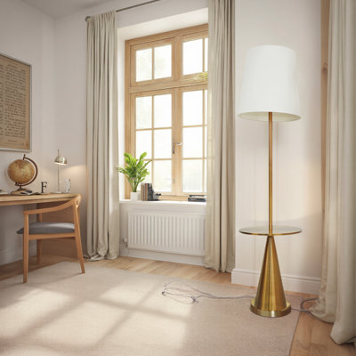 Lampe sur pied céleste moderne à 3 lumières avec table d'appoint en laiton - grand abat-jour blanc