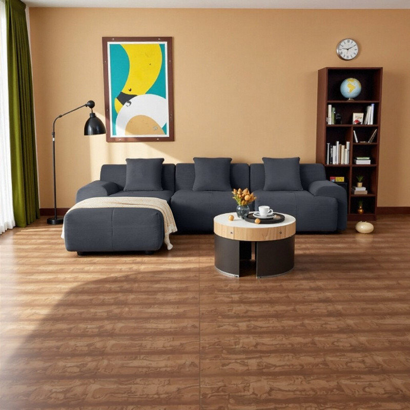 Canapé modulaire en forme de L de 113 po avec repose-pieds 3 places en velours côtelé, Gris