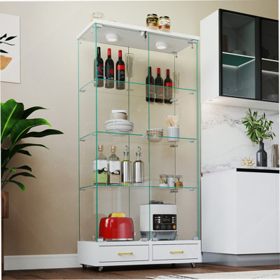 Vitrine moderne en verre avec 2 grands tiroirs, armoire antique à assemblage rapide avec lumières DEL, bibliothèque en verre trempé, étui de rangement à 2 portes avec 4 tablettes