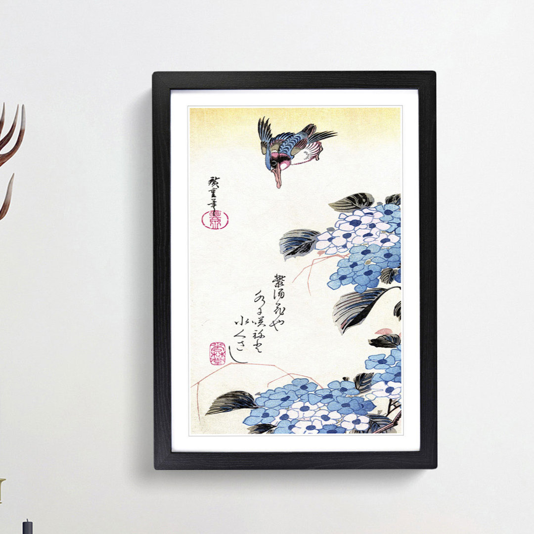 Hydrangea and Kingfisher by Utagawa Hiroshige - Framed Print