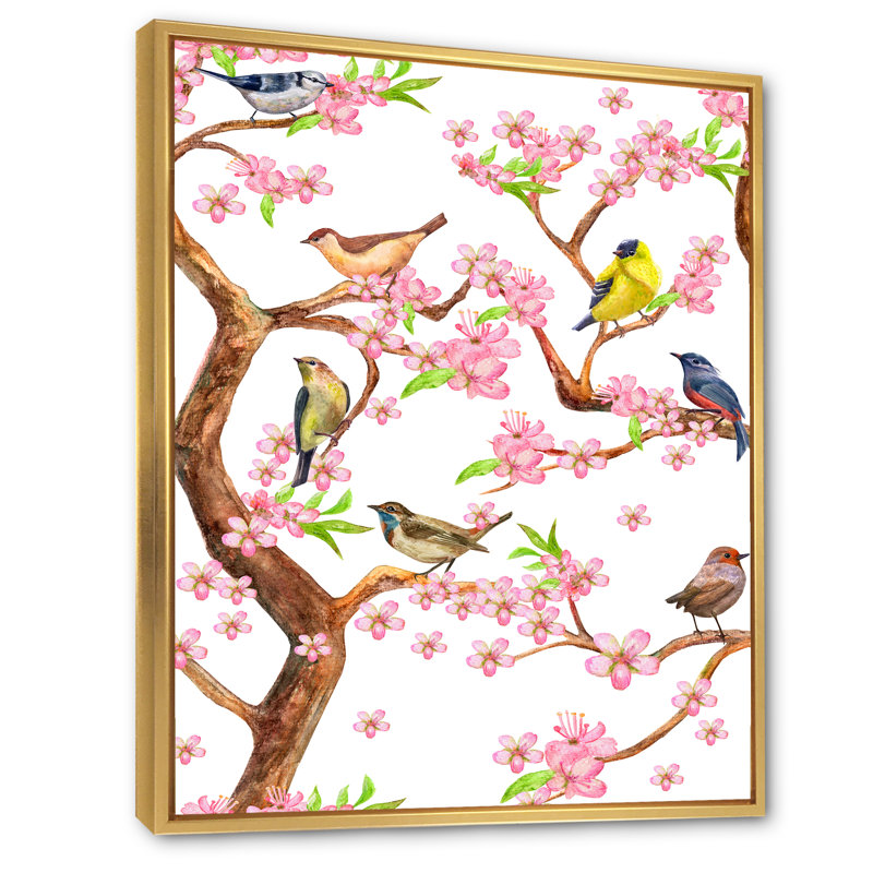 «Colorful Little Birds on Spring Flow», impression sur toile, H 20 po x l 12 po x P 1po, Encadrement doré