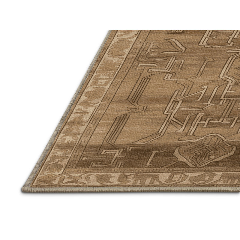 Machine Washable Art Deco Brown Area Rug, Round 6'