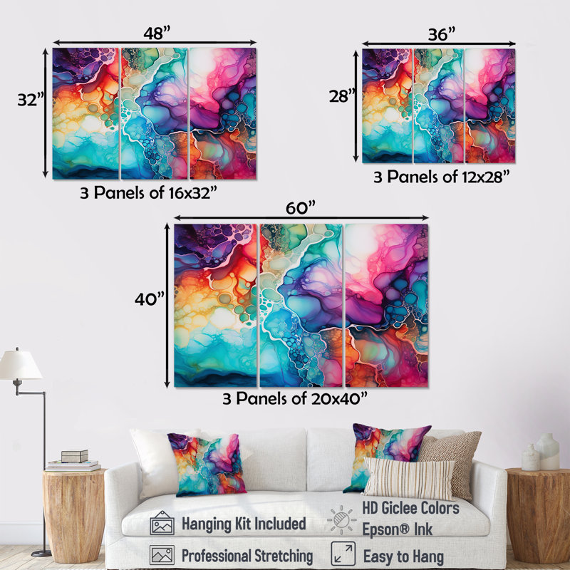 Ensemble d'art mural arc-en-ciel bleu sarcelle et mauve, Toile tendue, H 40 po x l 60 po x P 1 po