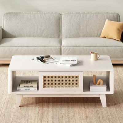 Table basse, tables de salon de style Mid-Century avec rangement, carré moderne avec tiroir en rotin, table de salon en bois avec pieds en bois massif