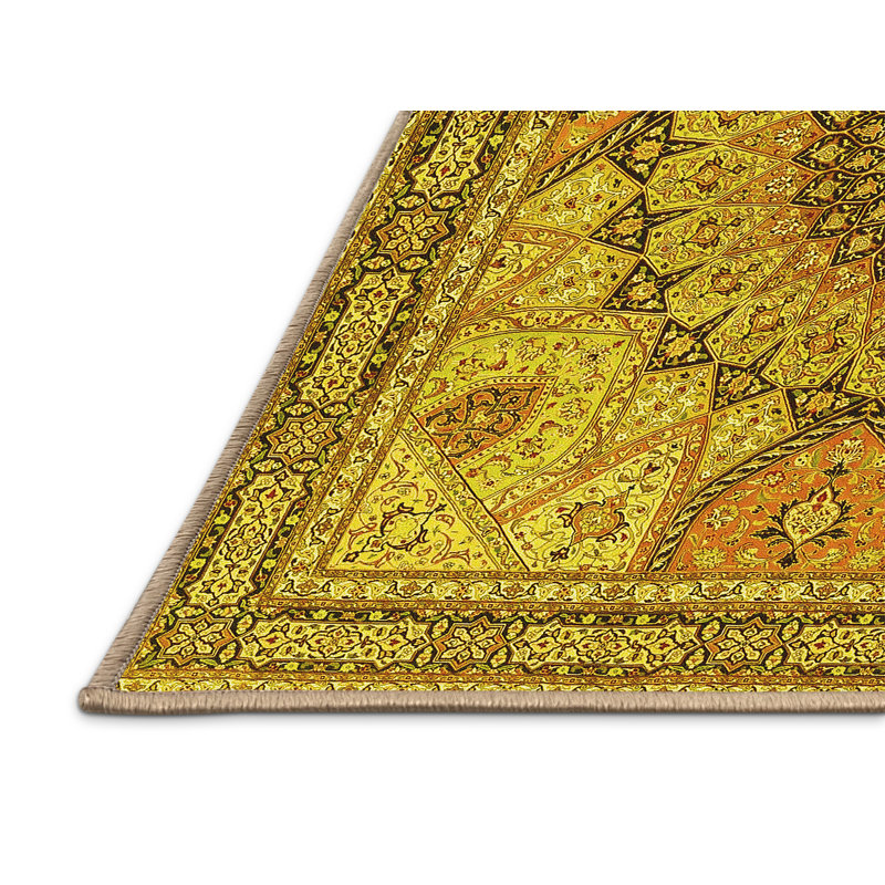 Tapis oriental en polyester / chenille jaune / orange / brun tissé à la machine, Rectangle 4 pi x 6 pi