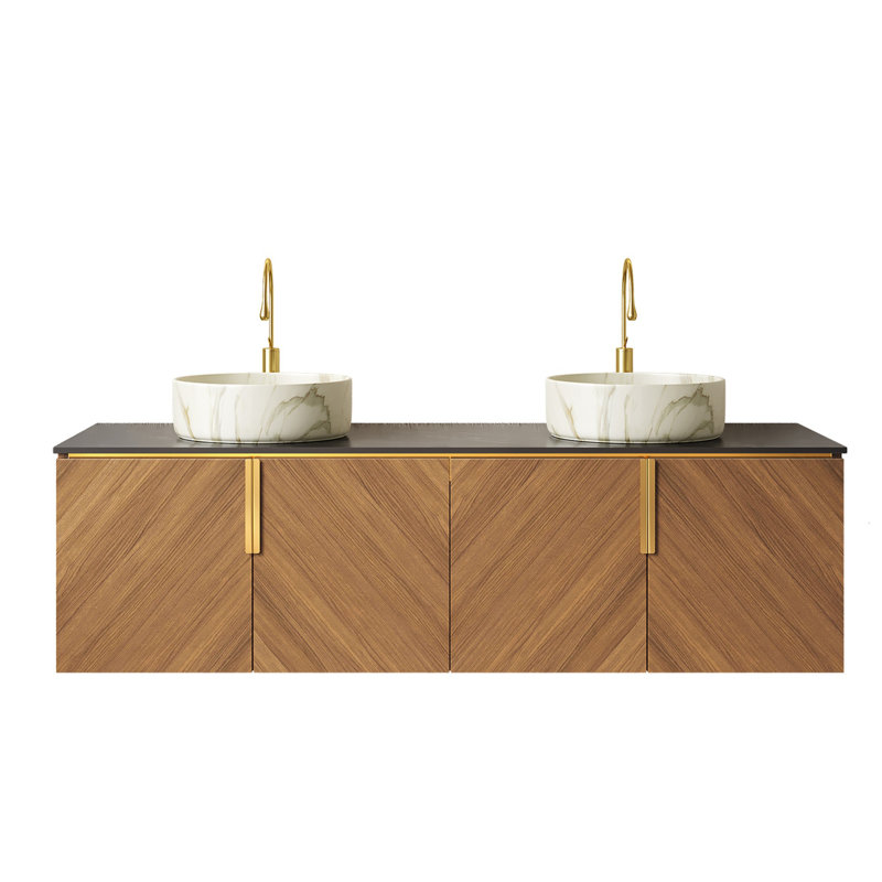 Meuble-lavabo double 60 po avec 4 portes, comptoir en pierre frittée, lavabo rond en céramique