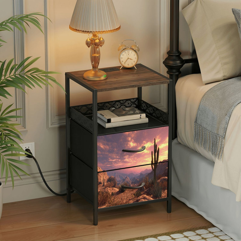 Table de chevet 2 tiroirs avec station de charge, table de chevet pour chambre avec ports USB et amp; Table de chevet noire Outlets Outlet