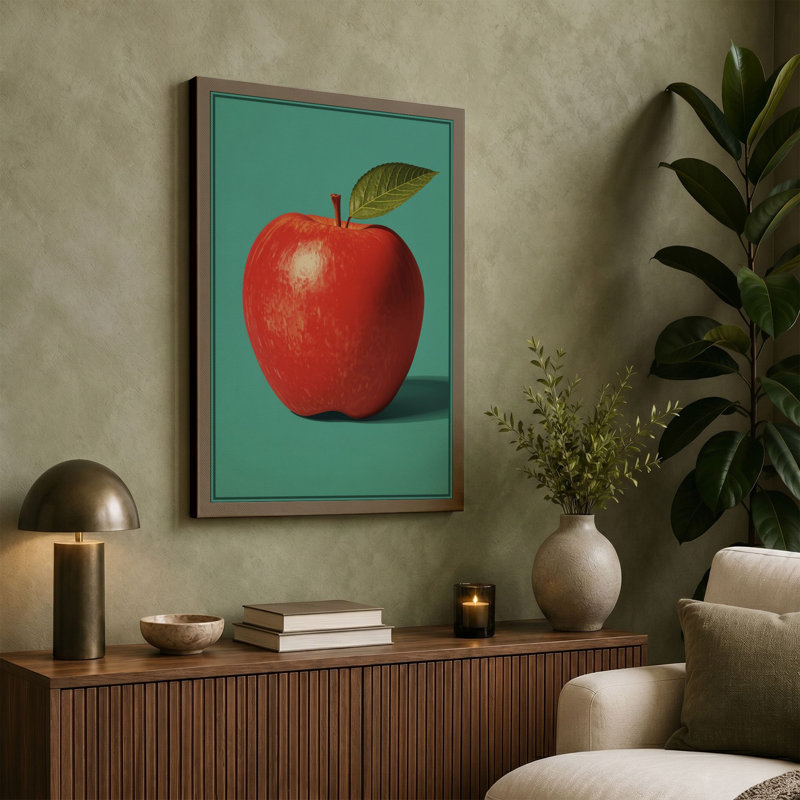 Single Apple with Leaf Minimalist 1 Piece Wrapped Canvas Wall Art, 36x24 - 91.4 x 61.0 cm, Taupe Border