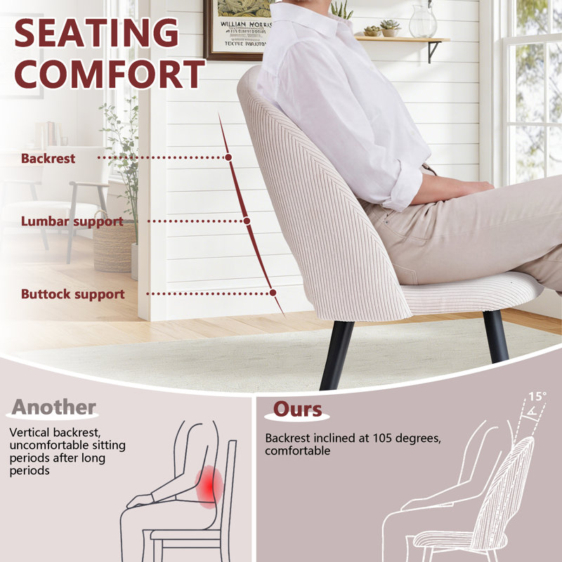 Modern Cutout Back Corduroy Upholstered Dining Chair, Kitchen Dining Accent Chair,Black Metal Legs, 2, Beige