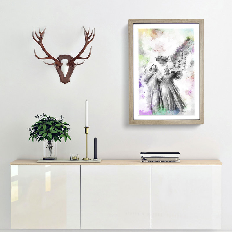 Angel Statue In Abstract - Single Picture Frame Painting, Oak Framed, 63cm H x 45cm W x 2cm D
